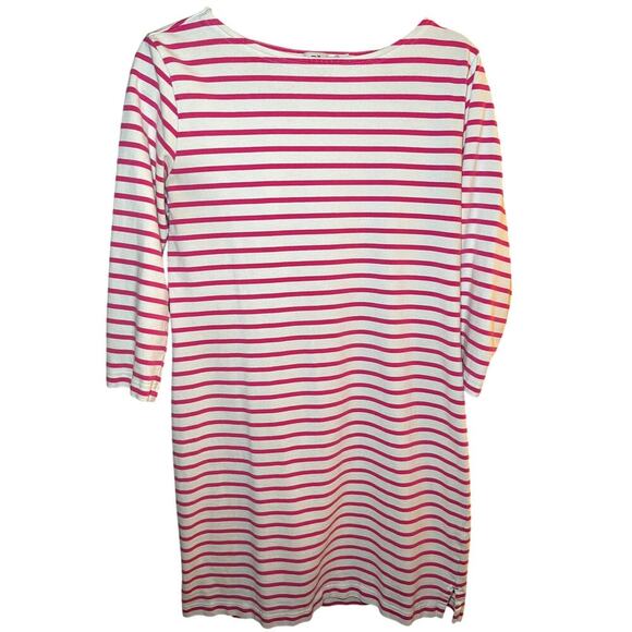 Vineyard Vines Dress Medium Pink White Stripe Cotton  3 Quarter Sleeves Coastal - Picture 1 of 10